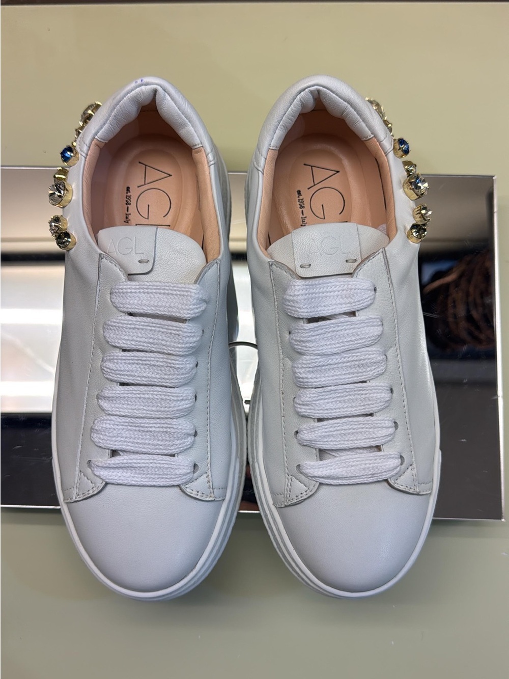 Agl White Leather Platform Sneakers with Crystal Accents - Picture 2 of 4
